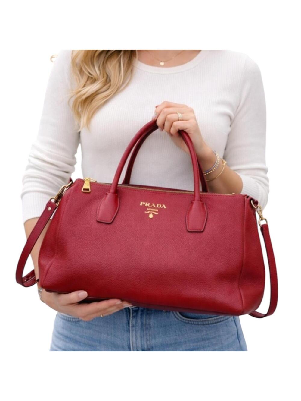 Prada Red Pebbled Leather Satchel Handbag - Picture 5 of 11